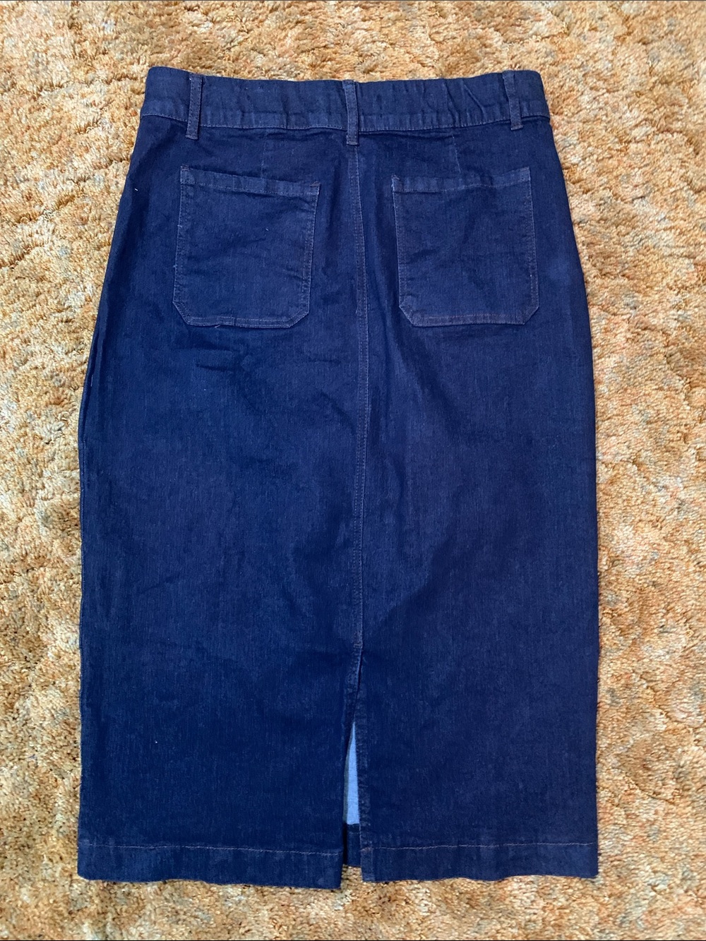 Faux Button-Front Dark Blue Denim Pencil Skirt - Picture 2 of 5